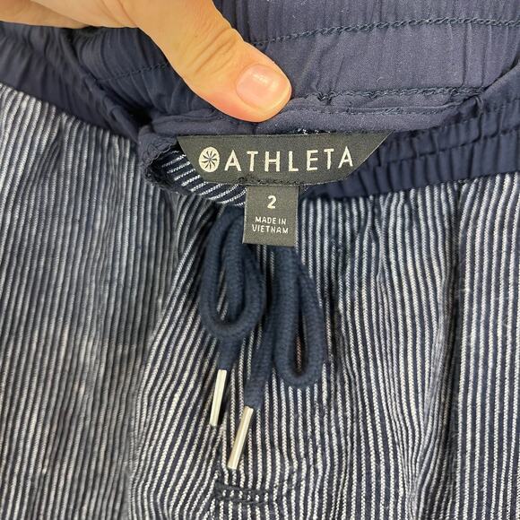 ATHLETA Size 2 Stripe Bali Linen Ankle Pants 211380 Drawstring Waist Navy Blue - Picture 3 of 10